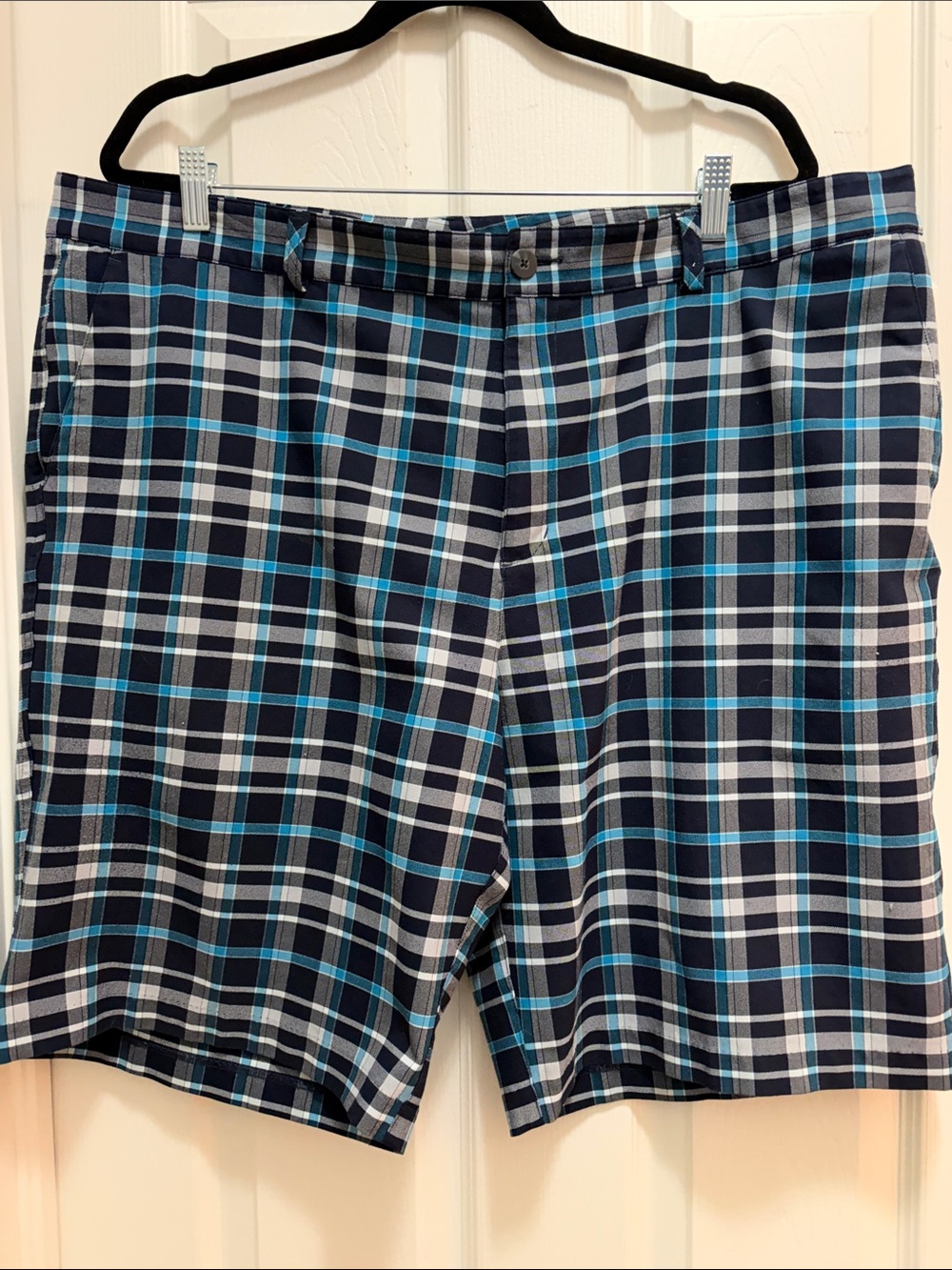 adidas Navy and White Plaid Button-Up Short with Teal Accent